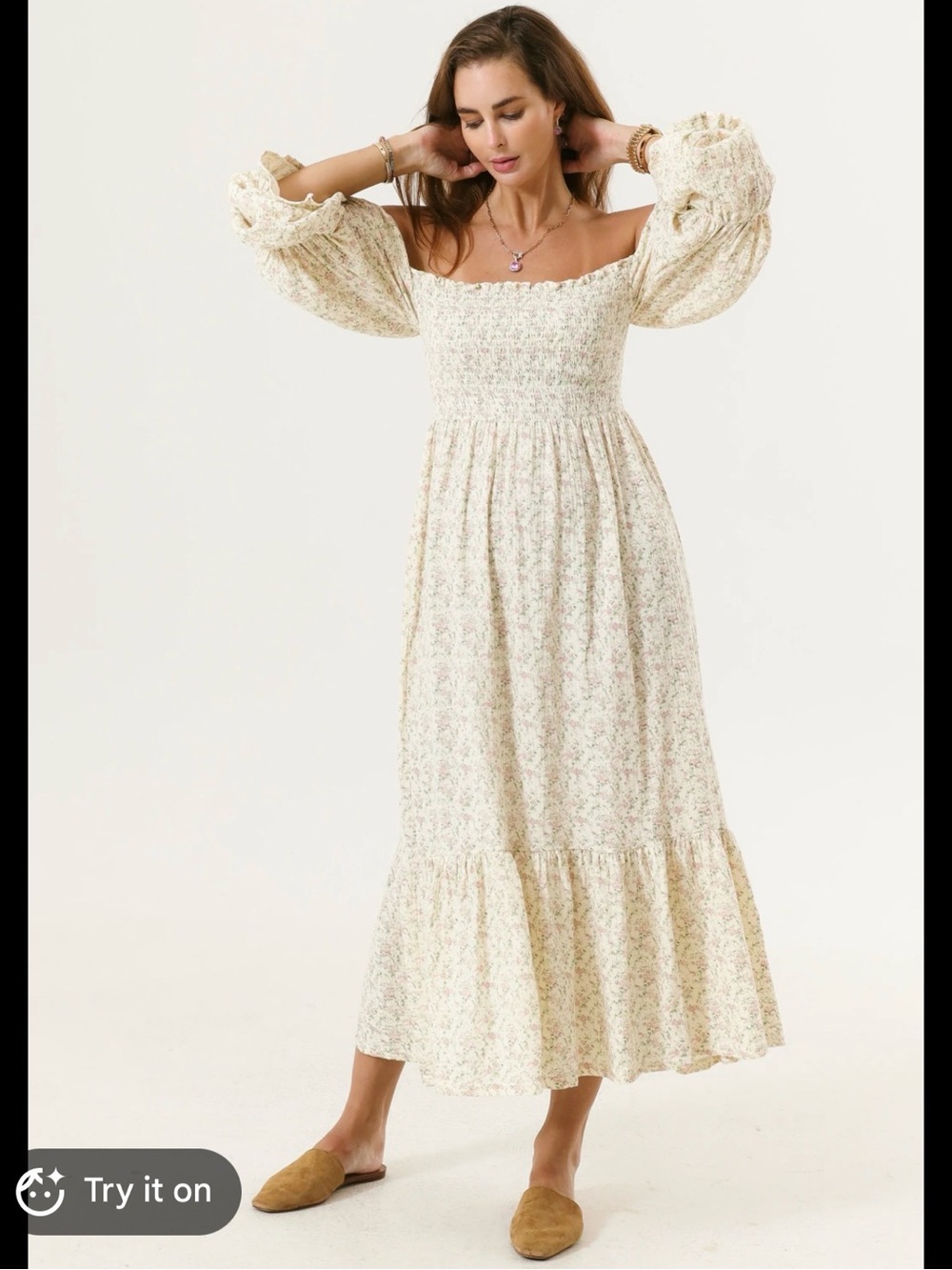 Smocked Off-Shoulder Cream Floral Maxi Dress